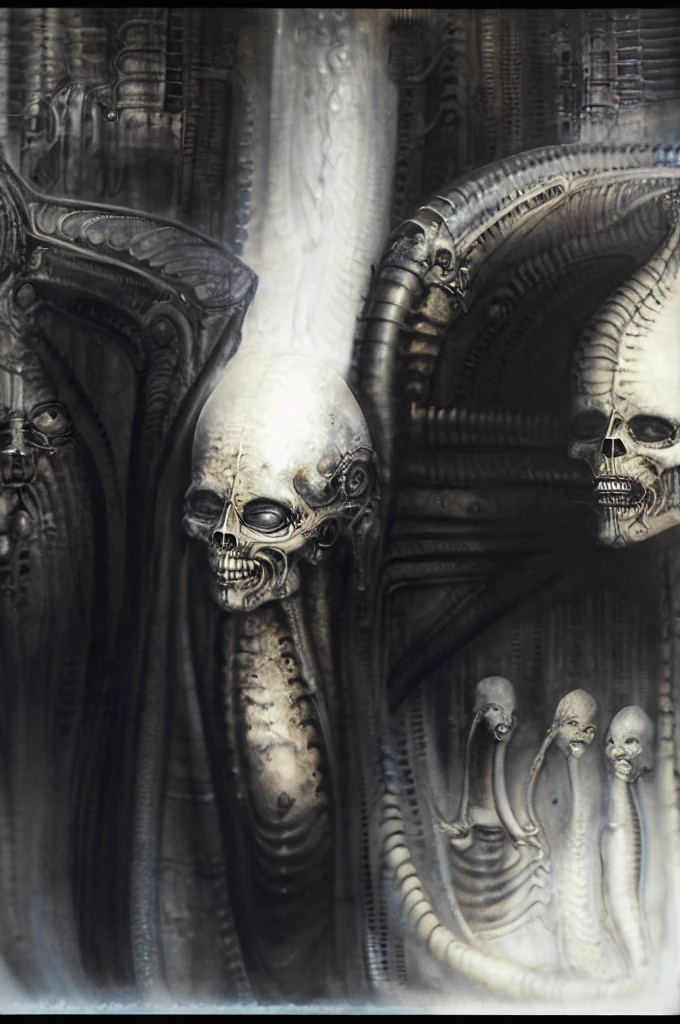 Giger_style, The image is a detailed view of H.R. Giger's \" Landscape XVI \" plate, featuring a complex network of bones and organs in a purple-brown hue ,swirling gray and brown colors. The artwork is silver and purplish brown, with an ivory bones prominently displayed. The image is highly detailed and intricate, almost like a 3d version of a medical sketch.
The piece is a tableau, most likely created with a India ink pen or pencil on paper, determined by the thin lines, shading techniques, and the texture of the paper, which is visible around the edges. Used is pen, given the shading and variations in line weight visible in the image. One have used a variety of pencils with different degrees of hardness to achieve the shading effects.

The style  is clearly biomechanical. Features combination of organic and mechanical forms. Mechanical elements dominate the composition, there are subtle organic hints. The use of undersaturated purple-grays dark contrasts creates a stark and graphic look. Is used a variety of linework techniques to create different textures. Fine, parallel lines create a smooth, metallic texture,while thicker, more cursive lines suggest cables or wires. Machines fills most, with its central cylindric structure acting as the focal point. Parallel lines emanating from this central structure used to create a sense of depth and movement. Being overwhelmingly mechanical, there are subtle suggestions of organic forms.

The art performance showcases the artist’s skills in observation and rendering. The level of detail in the piece suggests a close study of real bone specimens and anatomy. The artist has skillfully used shading techniques to create a convincing illusion of three-dimensionality on a flat surface.The wrinkles and cracks in the surface, and the cast shadows with accuracy, used shading techniques to create a realistic depiction of light and shadow on the objects. This creates a sense of depth and dimension in the image