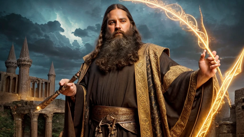 A wizard, detailed portrait, ornate robes, long beard, wise expression, magical staff, glowing aura, cinematic lighting, fantasy landscape, dramatic sky, ancient ruins, mystical energy, intricate details, painterly style, muted color palette, richly textured, award-winning digital art