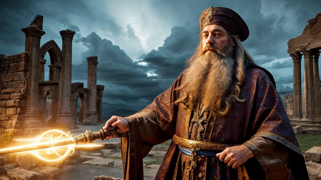 A wizard, detailed portrait, ornate robes, long beard, wise expression, magical staff, glowing aura, cinematic lighting, fantasy landscape, dramatic sky, ancient ruins, mystical energy, intricate details, painterly style, muted color palette, richly textured, award-winning digital art