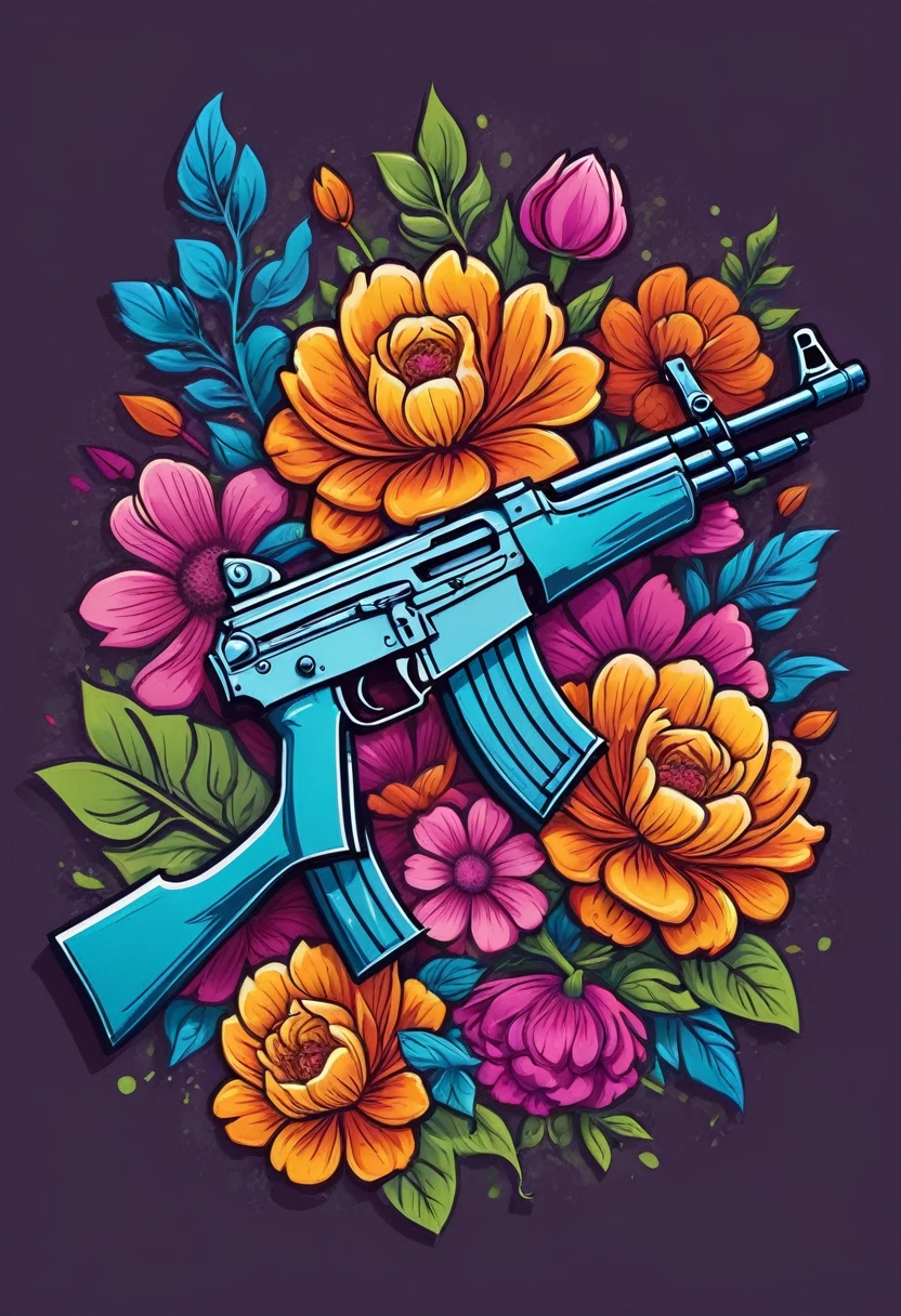 Create a high-quality logo for a clothing brand. The logo should prominently feature an AK-47 assault rifle, clearly depicted as shooting vibrant, colorful flowers from its barrel. The background should be dark to make the rifle and flowers stand out. The style of the logo should be modern, artistic, and visually striking, suitable for a trendy fashion brand. The image must be sharp, with intricate details and vibrant colors. The AK-47 should be realistically rendered, and the flowers should be beautifully illustrated, showcasing a variety of colors and shapes. The overall design should evoke a sense of transformation, blending elements of strength and beauty, symbolizing the shift from violence to peace. The dark background should enhance the contrast and visual impact of the design.