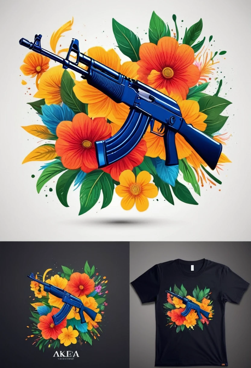 Create a high-quality logo for a clothing brand. The logo should prominently feature an AK-47 assault rifle, clearly depicted as shooting vibrant, colorful flowers from its barrel. The background should be dark to make the rifle and flowers stand out. The style of the logo should be modern, artistic, and visually striking, suitable for a trendy fashion brand. The image must be sharp, with intricate details and vibrant colors. The AK-47 should be realistically rendered, and the flowers should be beautifully illustrated, showcasing a variety of colors and shapes. The overall design should evoke a sense of transformation, blending elements of strength and beauty, symbolizing the shift from violence to peace. The dark background should enhance the contrast and visual impact of the design.