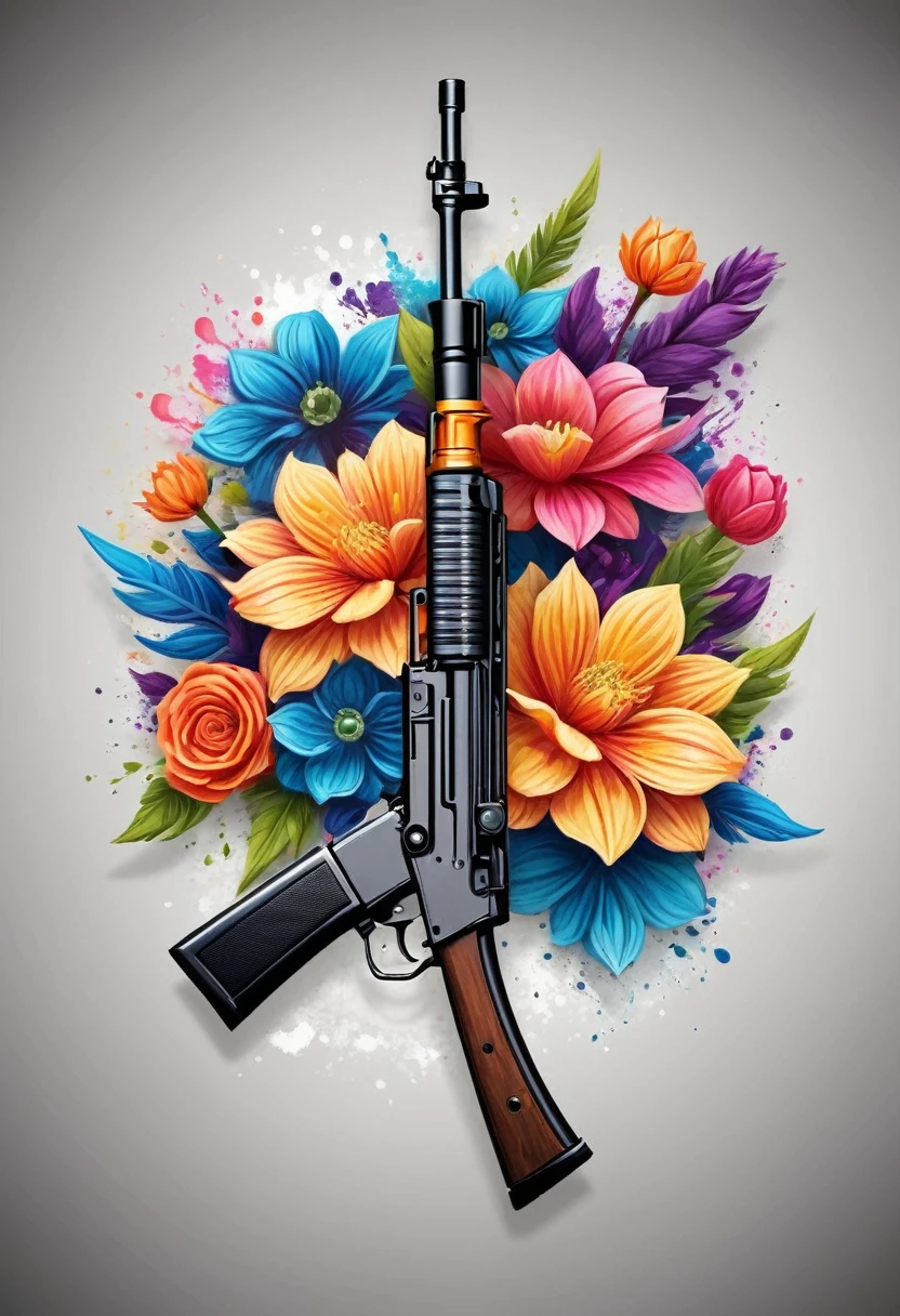 Create a high-quality logo for a clothing brand. The logo should prominently feature an AK-47 assault rifle, clearly depicted as shooting vibrant, colorful flowers from its barrel. The background should be dark to make the rifle and flowers stand out. The style of the logo should be modern, artistic, and visually striking, suitable for a trendy fashion brand. The image must be sharp, with intricate details and vibrant colors. The AK-47 should be realistically rendered, and the flowers should be beautifully illustrated, showcasing a variety of colors and shapes. The overall design should evoke a sense of transformation, blending elements of strength and beauty, symbolizing the shift from violence to peace. The dark background should enhance the contrast and visual impact of the design.