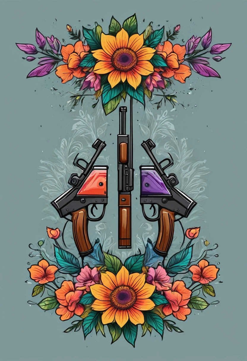 Create a high-quality logo for a clothing brand. The logo should prominently feature an AK-47 assault rifle, clearly depicted as shooting vibrant, colorful flowers from its barrel. The background should be dark to make the rifle and flowers stand out. The style of the logo should be modern, artistic, and visually striking, suitable for a trendy fashion brand. The image must be sharp, with intricate details and vibrant colors. The AK-47 should be realistically rendered, and the flowers should be beautifully illustrated, showcasing a variety of colors and shapes. The overall design should evoke a sense of transformation, blending elements of strength and beauty, symbolizing the shift from violence to peace. The dark background should enhance the contrast and visual impact of the design.