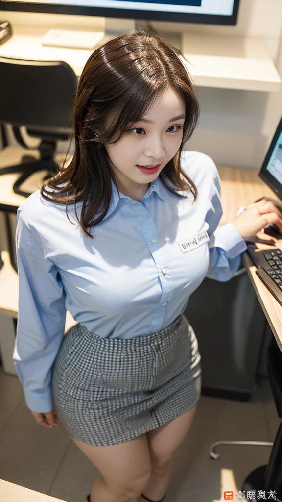 ((top-quality、​masterpiece、photographrealistic:1.4、in 8K))、Beautuful Women１a person、25years old、beautiful hairl、delicate and beautiful face、Eyes and faces with detailed 、(Modern workplace with computer:1.2)、(Shirt:1.2)、(standing:1.2)、A smile、Beautiful lighting、Textured skin、Super Detail、high detailing、High quality、hight resolution、（looking at the viewers）、Detailed mouth、Opening Mouth、full body Esbian、tight skirts、Women at work、Fishnet Stockings、Coffee、window、Women who can work、high-heels, short hair 