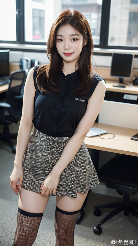 ((top-quality、masterpiece、photographrealistic:1.4、in 8K))、Beautuful Women1a person、25years old、beautiful hairl、delicate and beautiful face、Eyes and faces with detailed 、(Modern workplace with computer:1.2)、(Shirt:1.2)、(standing:1.2)、A smile、Beautiful lighting、Textured skin、Super Detail、high detailing、High quality、hight resolution、(looking at the viewers)、Detailed mouth、Opening Mouth、full body Esbian、tight skirts、Women at work、Fishnet Stockings、Coffee、window、Women who can work、high-heels, short hair