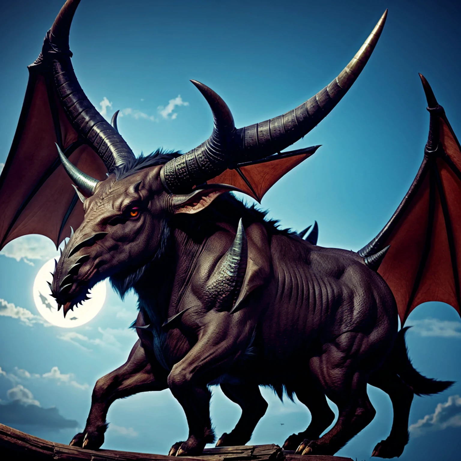 3 horned monster, the horns cover the whole head, has a large bat body while and spiked tail.