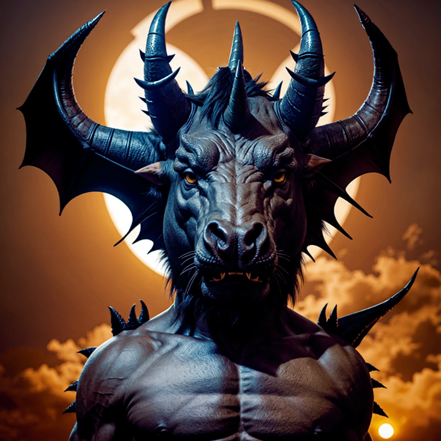 3 horned monster, the horns cover the whole head, has a large bat body while and spiked tail.