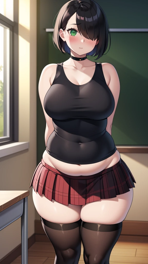 ((highres)), Masterpiece, high quality, best quality, beautiful, perfect lighting, detailed face, ultra cute face, ((1girl)), ((solo)), short black hair, hair over one eye, green eyes, pale skin, ((blush)), shy, arms behind back, (black tank top), (short plaid pleated skirt), thigh highs, chocker, large breasts, (wide hips), (thick thighs), chubby, standing in a classroom,