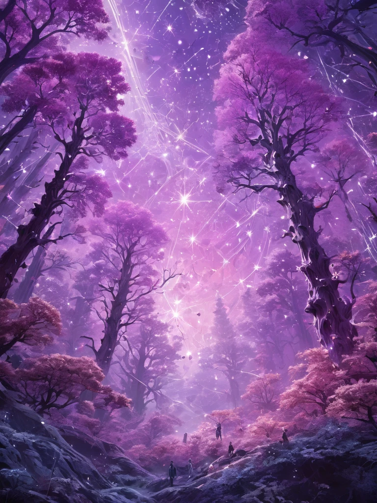 A fascinating space landscape featuring a mystical forest-like constellation, Fascinating purple intricate patterns, pink, White people. Highest quality, masterpiece, Super detailed, 8K, Depth of written boundary, Structure of the film, Light Celestial glow, In bright shades