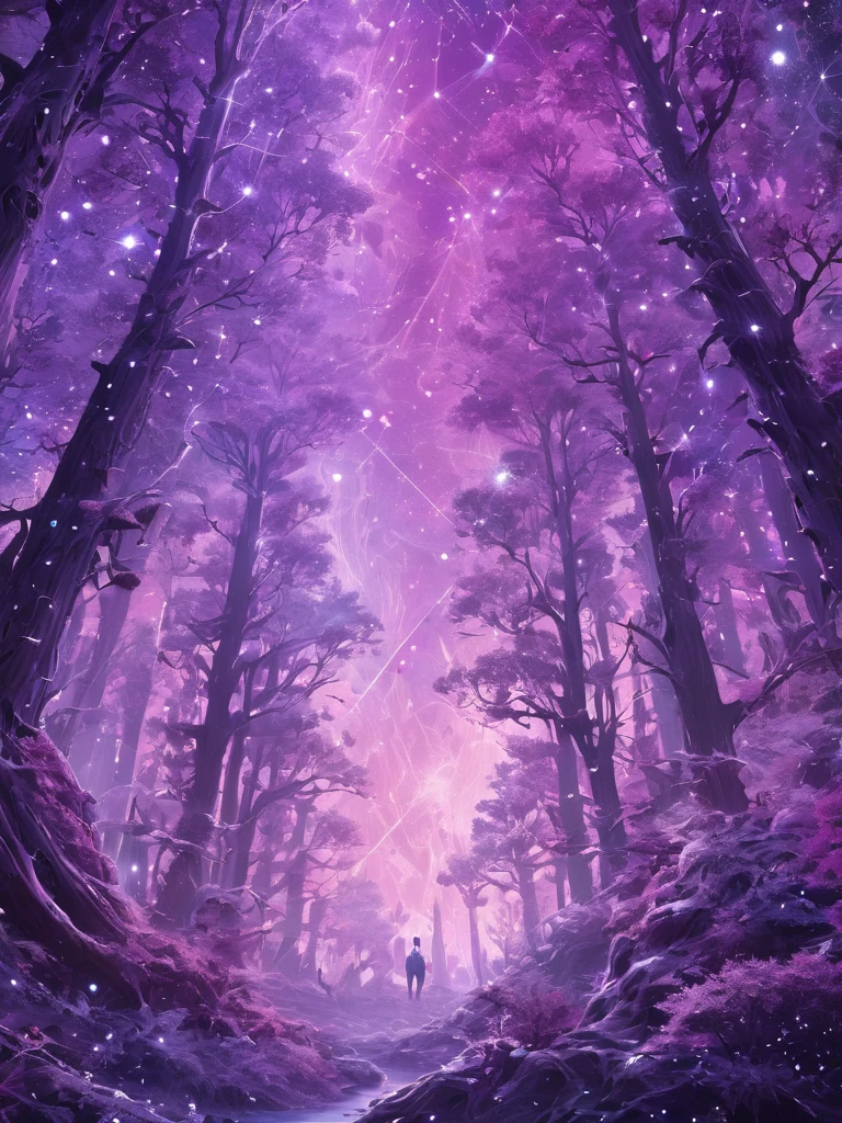 A fascinating space landscape featuring a mystical forest-like constellation, Fascinating purple intricate patterns, pink, White people. Highest quality, masterpiece, Super detailed, 8K, Depth of written boundary, Structure of the film, Light Celestial glow, In bright shades