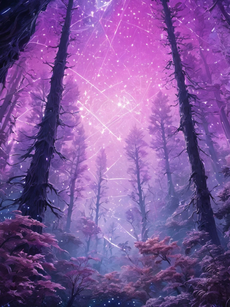 A fascinating space landscape featuring a mystical forest-like constellation, Fascinating purple intricate patterns, pink, White people. Highest quality, masterpiece, Super detailed, 8K, Depth of written boundary, Structure of the film, Light Celestial glow, In bright shades