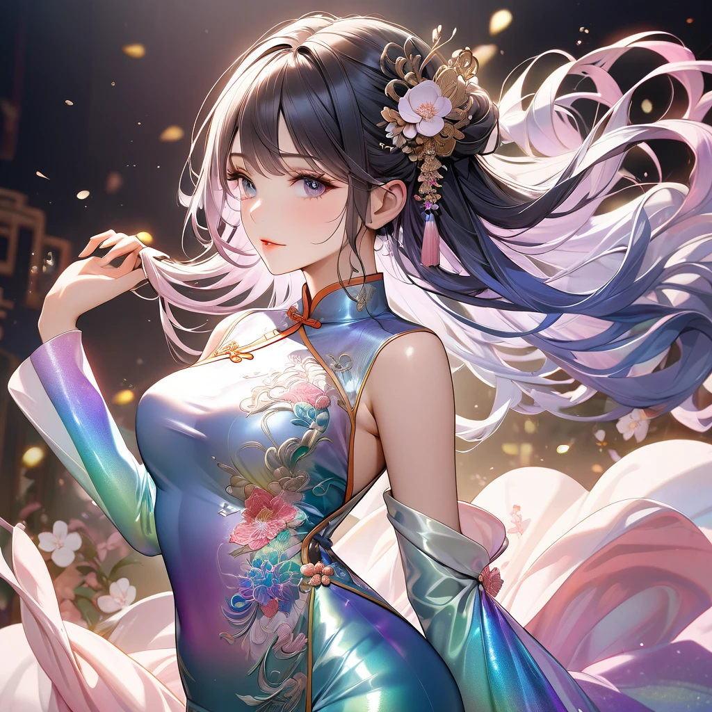 best quality, incredibly absurdres, extremely detailed, 2.5D, delicate and dynamic, beautiful woman, intelligent cool beauty, captivating look, tight up hair, wearing iridescent gradient sleeved cheongsam features intricate and luxurious embroidery, shiny satin fabric, accessories, superlative body proportion, gorgeous and gorgeous effects, background aristocratic social setting