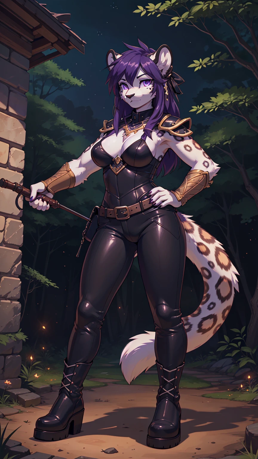 Score_9, Score_8, Score_7, Score_8_up, point of view looking at White Leopard\(mature, tall, medium breasts, violet eyes, white fur, black spots, sensual body, thin thighs, leopard tail, black leather armor, long black leather pants, high brown boots\), staring at you seductively, fantasy, csr style, score_7_up, full body, full body photo, side_boob, hand on hip, hunting, holding a bow, wearing WindRanger clothing, 弓, expressive, concept art, furry, dark theme