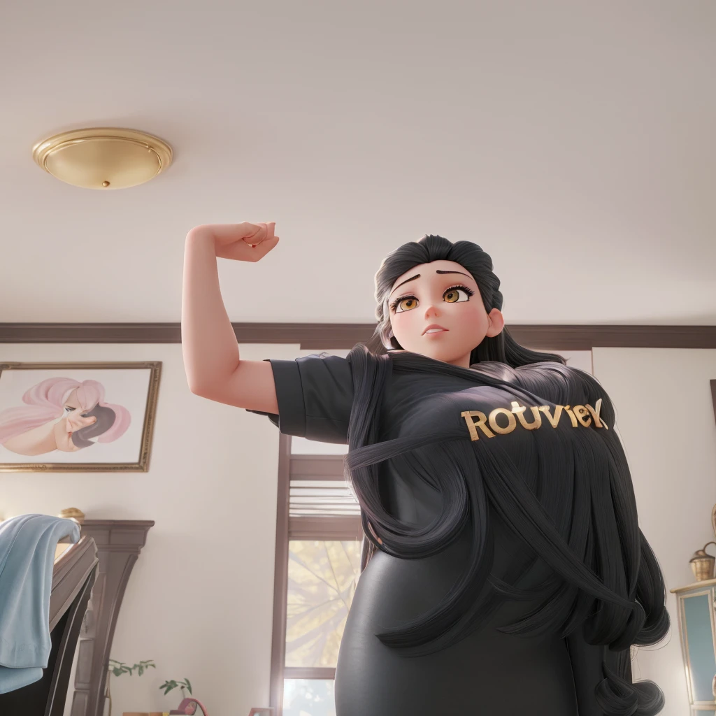 best quality, best resolution, masterpiece, ultra detailed, beautiful lady, black hair, long hair, golden eyes, pink lips, indoors, inside a room, sunlight, bright light, ashamed expression, large breasts, large hips, large buttocks, flowing hair, lying down on a bed, full body, frontal view,  