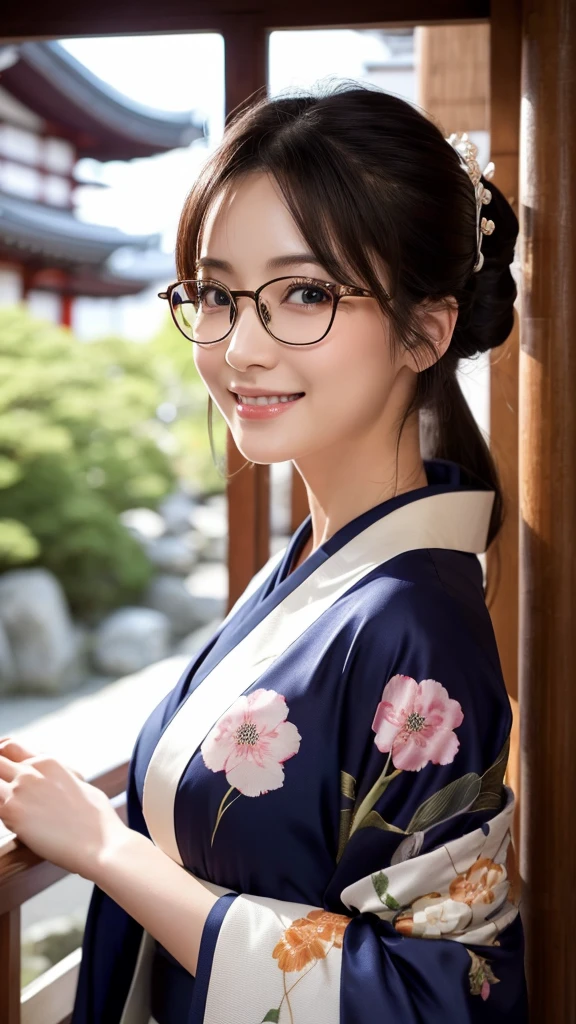 (Super beautiful woman in kimono)、((highest quality、8K masterpiece:1.3))、sharp focus:1.2、(super beautiful face:1.0)、(shiny skin:1.0)、realistic pictures、black hair、video lighting、High resolution eyes and face、video lighting、japanese actress、from the front、big breasts、with a happy smile、Slender abs beauty、whole body、wearing a kimono、in Kyoto、(((luxury obi)))、In Kyoto at night、wearing glasses with no edge、Brush your hair up with your fingers.