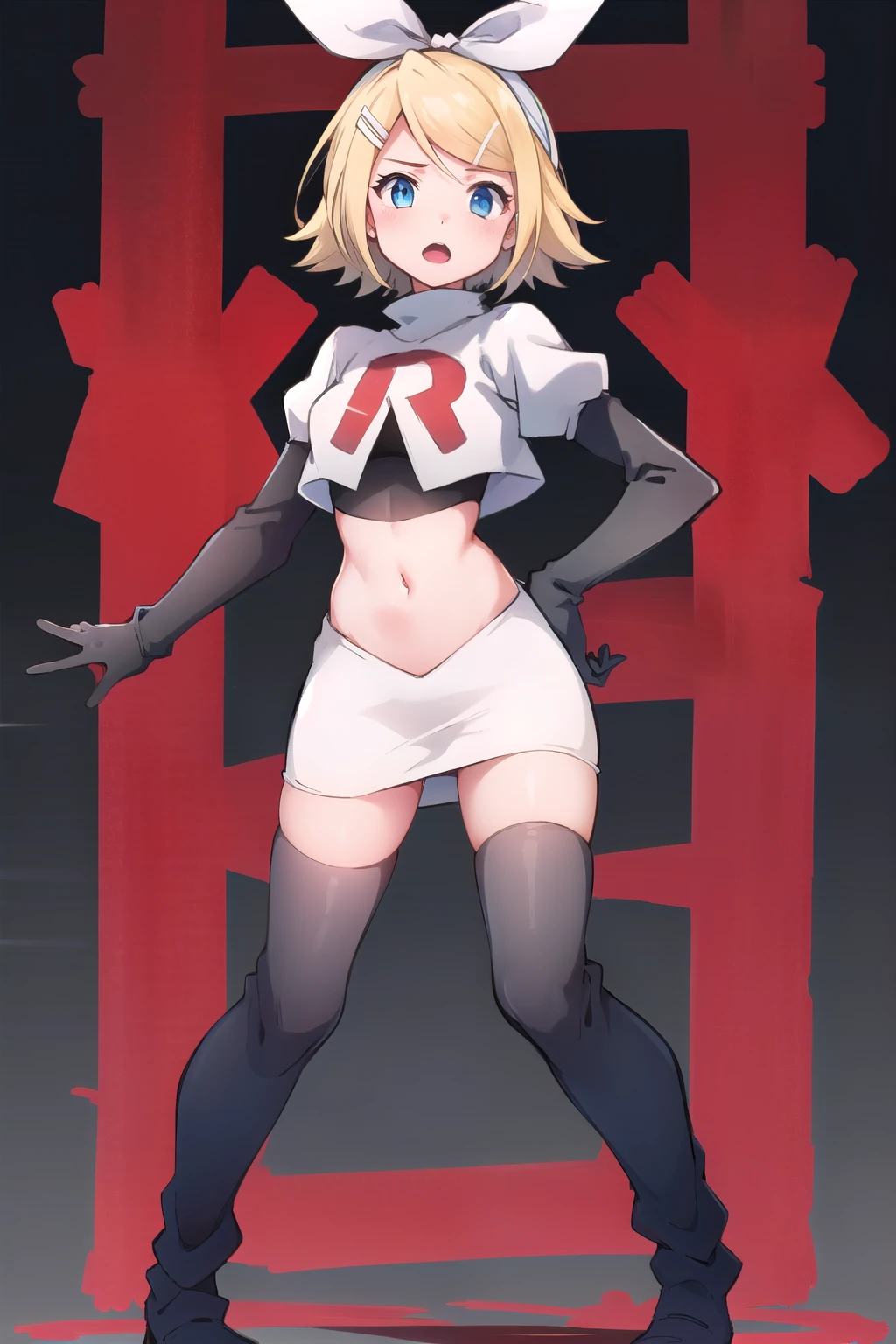 masterpiece, best quality, absurdres, perfect ???????, 1girl, solo, Kagamine Rin, short hair, bow, team rocket,team rocket uniform,white skirt,red letter R,crop top,black thigh-highs,black elbow gloves