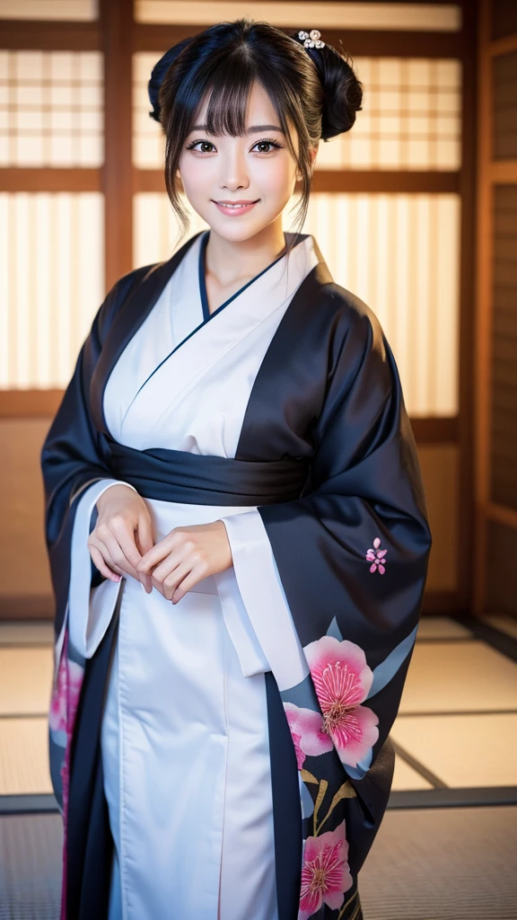 (Super beautiful woman in kimono)、((highest quality、8K masterpiece:1.3))、sharp focus:1.2、(super beautiful face:1.0)、(shiny skin:1.0)、realistic pictures、black hair、video lighting、High resolution eyes and face、video lighting、japanese actress、from the front、with a happy smile、whole body、wearing a kimono、in Kyoto、(luxury obi)、Brush your hair up with your fingers.