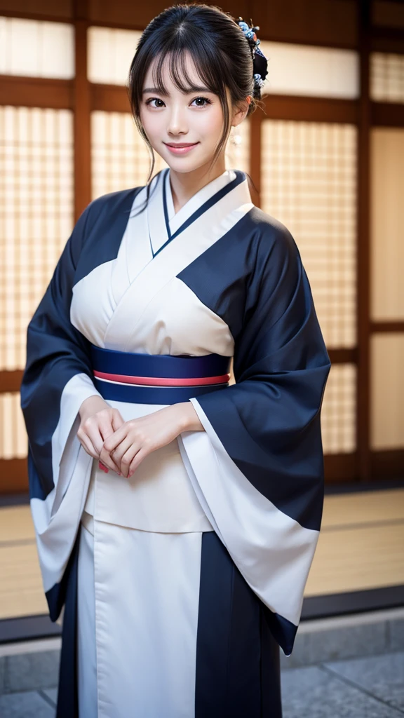 (Super beautiful woman in kimono)、((highest quality、8K masterpiece:1.3))、sharp focus:1.2、(super beautiful face:1.0)、(shiny skin:1.0)、realistic pictures、black hair、video lighting、High resolution eyes and face、video lighting、japanese actress、from the front、with a happy smile、whole body、wearing a kimono、in Kyoto、(luxury obi)、Brush your hair up with your fingers.