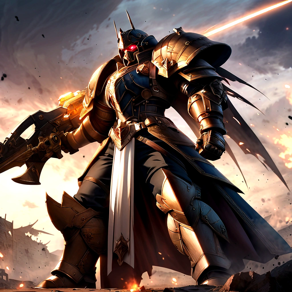 An Epic Fantasy Masterpiece in 8K Anime Digital Art Style, inspired by Warhammer 40k, presents a Battle Sister of the Fierce Anthro Goddess, wielding a Thundering Power Sword with an exquisite level of detail. Dressed in Elegant Space Marine Armor, meticulously engraved and glowing with a luminosity befitting a masterpiece, she stands tall and ready for combat amidst a Chaotic Battlefield. The imagery encapsulates the Essence of Intense Conflict, serving as a Visual Feast that demonstrates the height of artistry and quality in this genre. The High-Resolution Anime Digital Art style