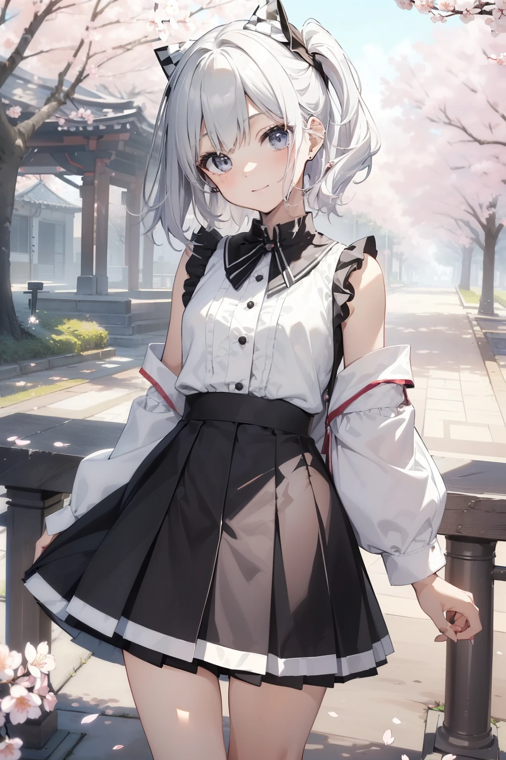 ((Masterpiece: 1.4, Top-quality: 1.2))、1boy in a unique attire、Solofocus、Tender face、Highly detailed anime features, notably thin legs and navel piercing, (Blur the background: 1.3, (transform sequence), ((striped black and white skirt)), Soio, Soio, 13 year old boy, Japanese, Hiroshi, Saburo, a junior high school student, A fair-haired, ((White and black checkered knee-length skirt)), (highleg), (a cherry blossom hairpin on the head), A mysterious smile, is standing, Facing the front,