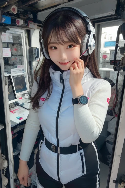masterpiece, Highest quality, Very detailed, 8K Portrait,Japanese Android Girl,plump , Control panel,Robotic arms and legs, Blunt bangs,,break (Metallic Gray, Metallic luster, Mirror finish, Astro Best):5,headphone:5,break (Black sleeves):100,Smart Watches,Futuristic space station,Control Room,break headphone,blue eyes,(Black Hair):2,(Long Hair):1.3,Displaying the viewer,(respirator),break blush:3,Hidden Hand,smile