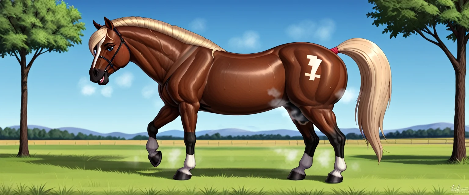 a very full figured very black skinned nude African woman riding a big Belgian draft horse mare (side view). big bum. very short tail. horse facing horizon . flat grass meadow. steaming horse dung behind horse. cloudless blue sky.