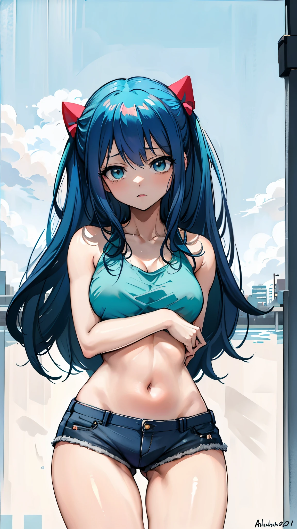 (best quality,highres:1.2),ultra-detailed,realistic,photorealistic:1.37,a beautiful girl (Wendy Marvell from Fairy Tail) model in a pop style,,long legs,small breasts,extremely detailed face (with emphasis on azure eyes),Her blue-colored hair(twintails) falls to her shoulders.She is dressed in short black denim shorts and a short white top (very shabby and torn in places),bent down, lifting her ass to the top,more sexy pose,illustration,colorful pop art style,dynamic lighting,neon colors,Nsfw