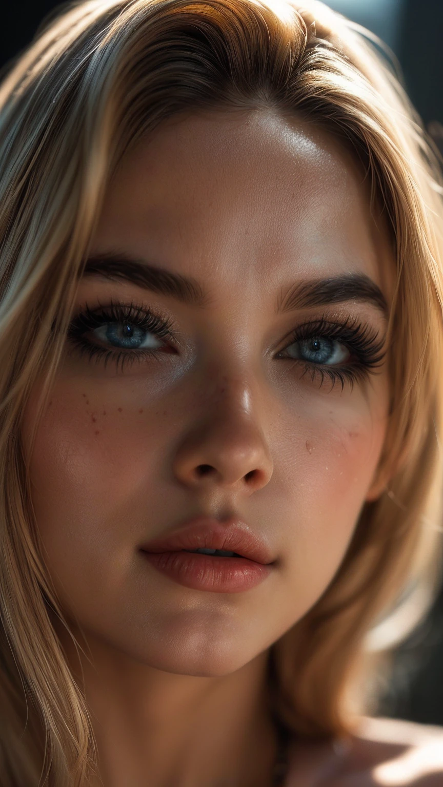 (((Ultra-realistic))), (artistic realization), (ultra-detailed face and eyes: 1.4), 1 girl, (blonde) , (naked) , (thick tousled hair), Detailed eyes, (large detailed lipakeup, (Natural breastany sakura flowers around,  close-up, close to the camera)), Dark atmosphere of the frame, (ultra detailed), smile