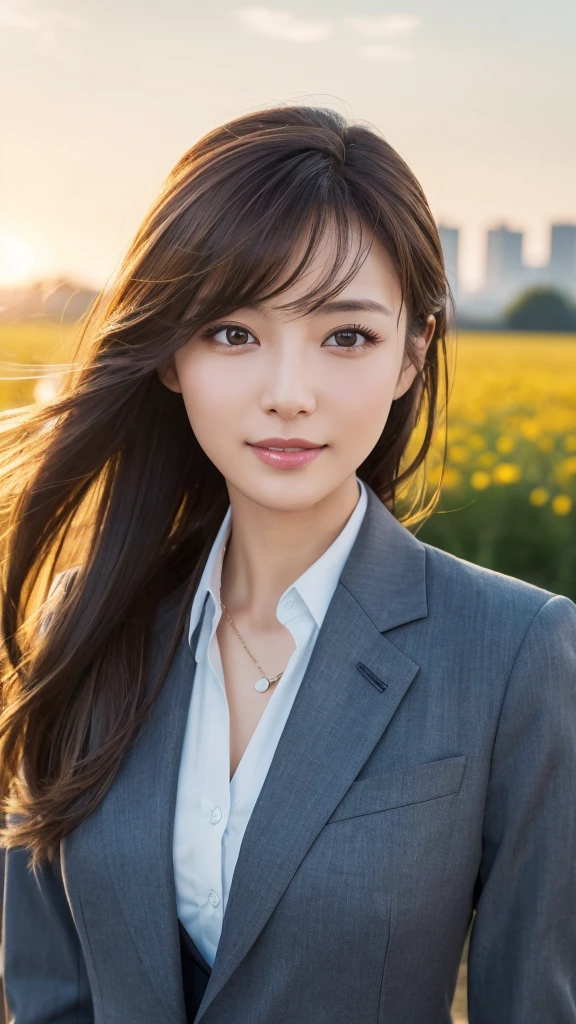 highest quality、genuine、Super detailed、finely、High resolution、8k wallpaper、one beautiful woman、、、light brown disheveled hair、wearing a business suit、sharp focus、perfect dynamic composition、beautiful and detailed eyes、thin hair、Detailed genuine skin texture、smile、model body shape、In Tokyo at morning、In a windswept meadow