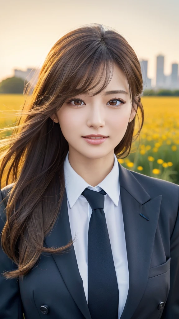 highest quality、genuine、Super detailed、finely、High resolution、8k wallpaper、one beautiful woman、、、light brown disheveled hair、wearing a business suit、sharp focus、perfect dynamic composition、beautiful and detailed eyes、thin hair、Detailed genuine skin texture、smile、model body shape、In Tokyo at morning、In a windswept meadow