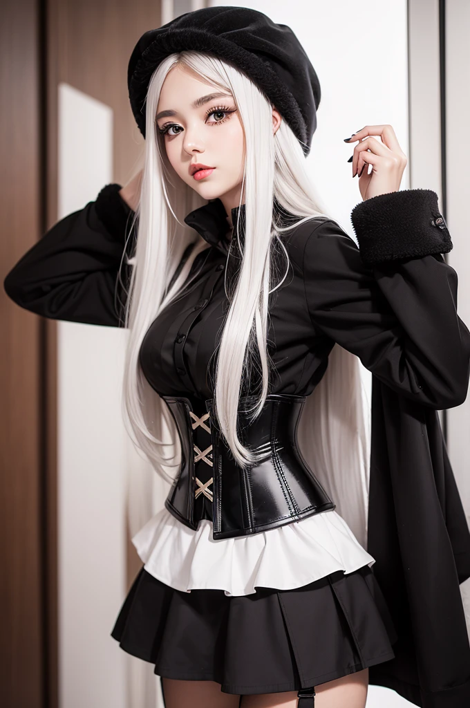 girl with brown eyes, with long white hair with a cross ushanka on her head, wearing a black corset and a skirt