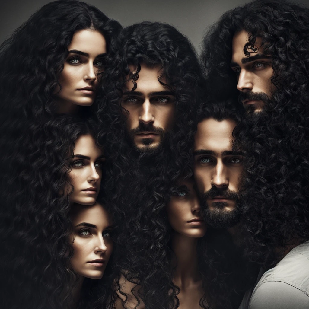 A dark couple, husband and wife looking into eachothers eyes. The man stares down at his wife who has wavy dark long hair and the wife looks up at the man who has curly fluffy hair. They look dark and eery. Almost scary