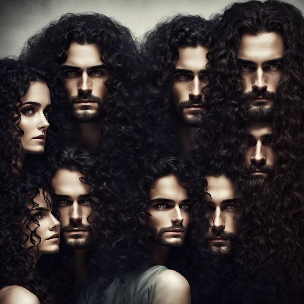 A dark couple, husband and wife looking into eachothers eyes. The man stares down at his wife who has wavy dark long hair and the wife looks up at the man who has curly fluffy hair. They look dark and eery. Almost scary