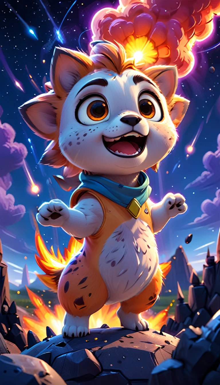cute animal, standing on meteor ,cartoon, meteor, fire sky,arms, , cute eyes, looking at viewer, hands up, effects background, particles