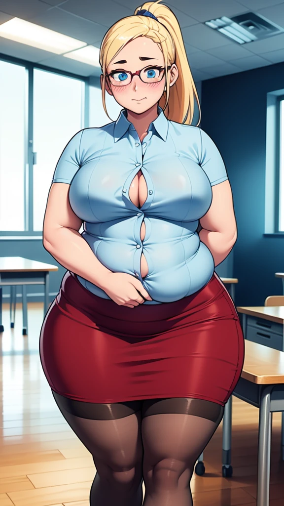 ((highres)), Masterpiece, high quality, best quality, beautiful, perfect lighting, detailed face, ultra cute face, ((1girl)), ((solo), long blonde hair, ponytail, blue eyes, glasses, ((blush)), embarrassed, looking at viewer, arms crossed, standing in a classroom, (office), daytime, dress shirt, pencil skirt, thigh highs, wide hips, ((thick thighs)), ((plump)), medium breasts, perky breasts, 24 year old female,