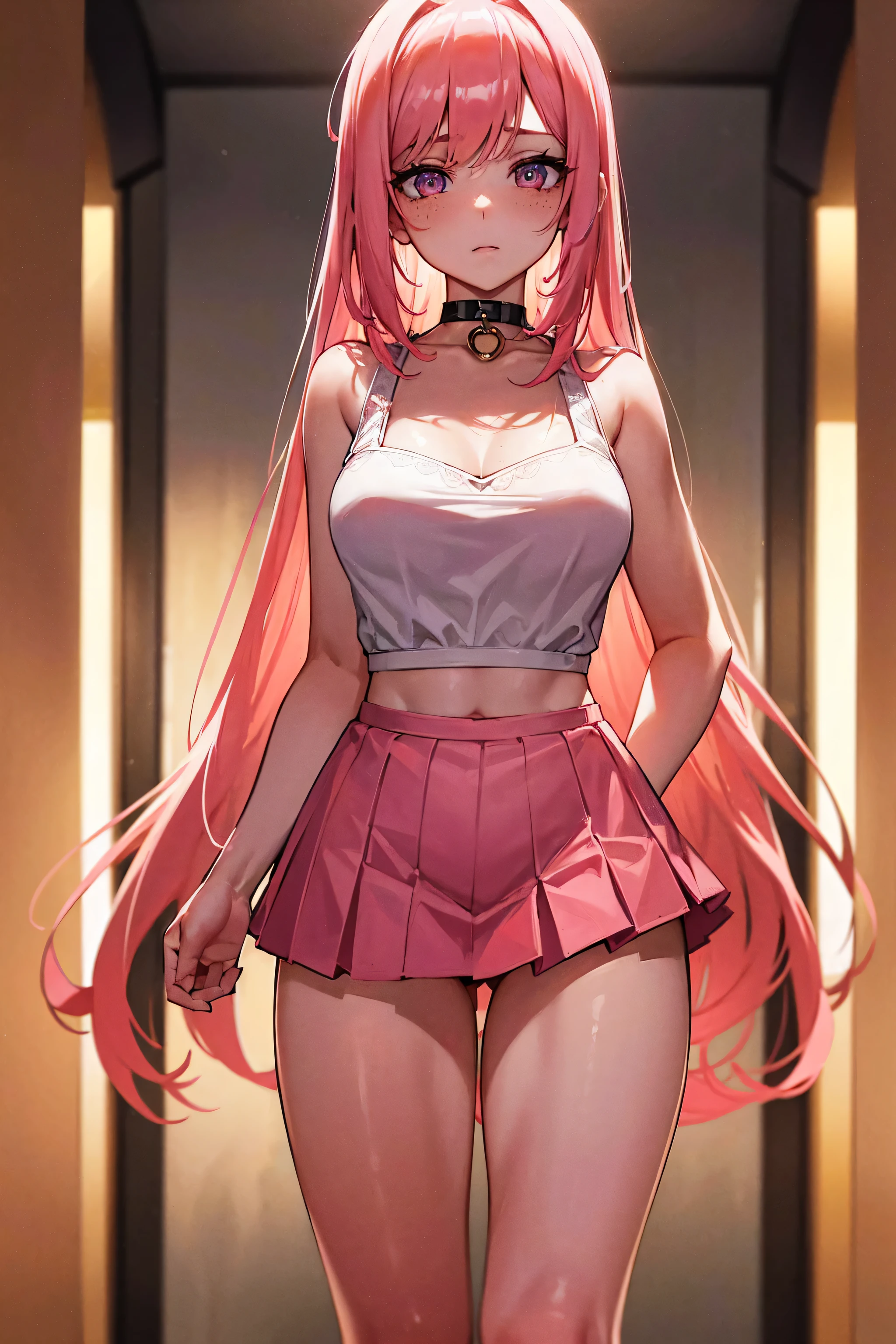 a beautiful young girl with long pink hair, freckles, medium breasts, wearing a pink tube top and a pleated mini skirt, thigh high socks, and a choker necklace, indoor setting, (best quality,4k,8k,highres,masterpiece:1.2),ultra-detailed,highly detailed face and eyes, intricate clothing details, warm lighting, vivid colors, soft focused background, delicate facial features