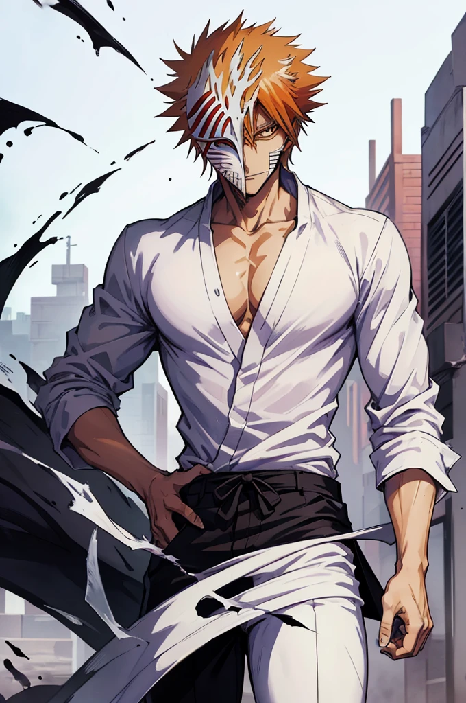 ((best quality)), ((masterpiece)), (detailed), A guy in white shirt , black pants , holding mask near his face, 8k anime, ichigo kurosaki, bleach