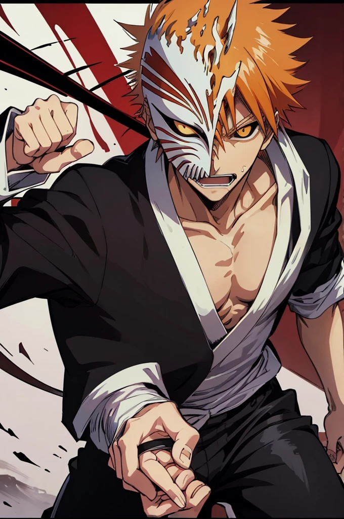 ((best quality)), ((masterpiece)), (detailed), A guy in white shirt , black pants , holding mask near his face, 8k anime, ichigo kurosaki, bleach