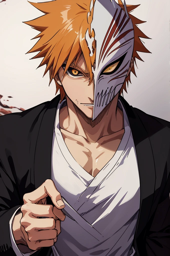 ((best quality)), ((masterpiece)), (detailed), A guy in white shirt , black pants , holding mask near his face, 8k anime, ichigo kurosaki, bleach