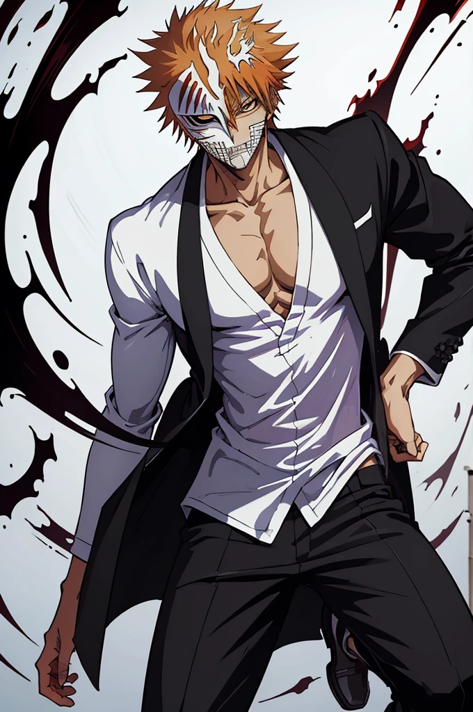 ((best quality)), ((masterpiece)), (detailed), A guy in white shirt , black pants , holding mask near his face, 8k anime, ichigo kurosaki, bleach