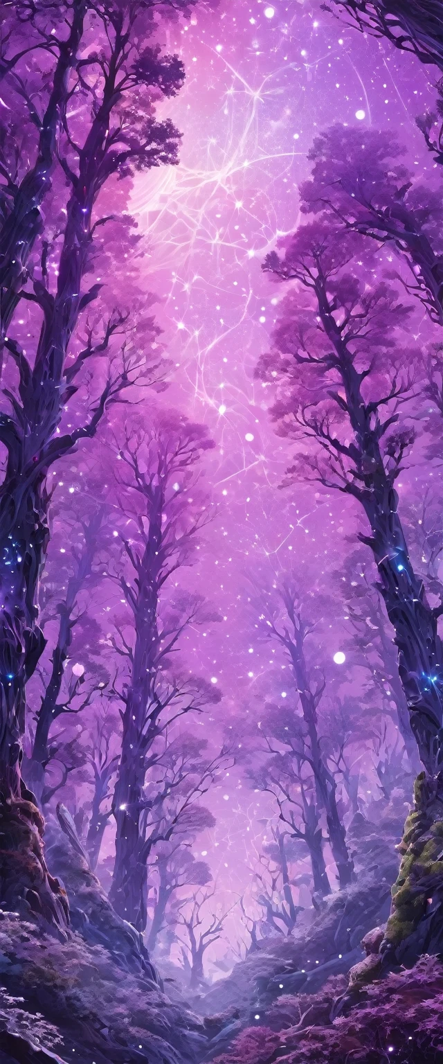 A fascinating space landscape featuring a mystical forest-like constellation, Fascinating purple intricate patterns, pink, White people. Highest quality, masterpiece, Super detailed, 8K, Depth of written boundary, Structure of the film, Light Celestial glow, In bright shades