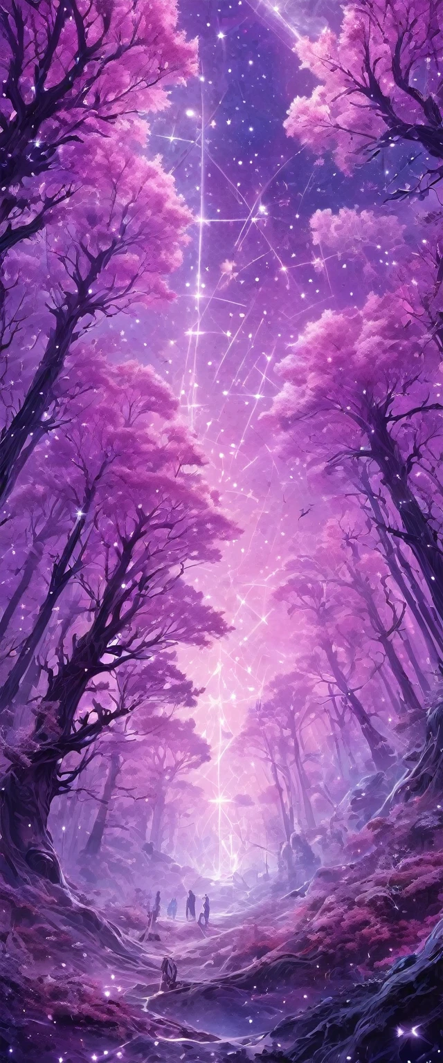 A fascinating space landscape featuring a mystical forest-like constellation, Fascinating purple intricate patterns, pink, White people. Highest quality, masterpiece, Super detailed, 8K, Depth of written boundary, Structure of the film, Light Celestial glow, In bright shades