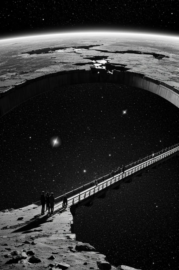 A broken heart deteriorating in the middle of the universe with a bridge in the middle and someone crossing that bridge in black and white