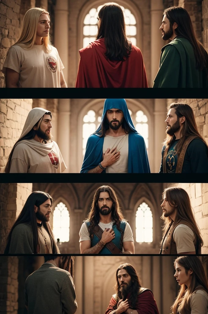 Various heroes talking to Jesus
