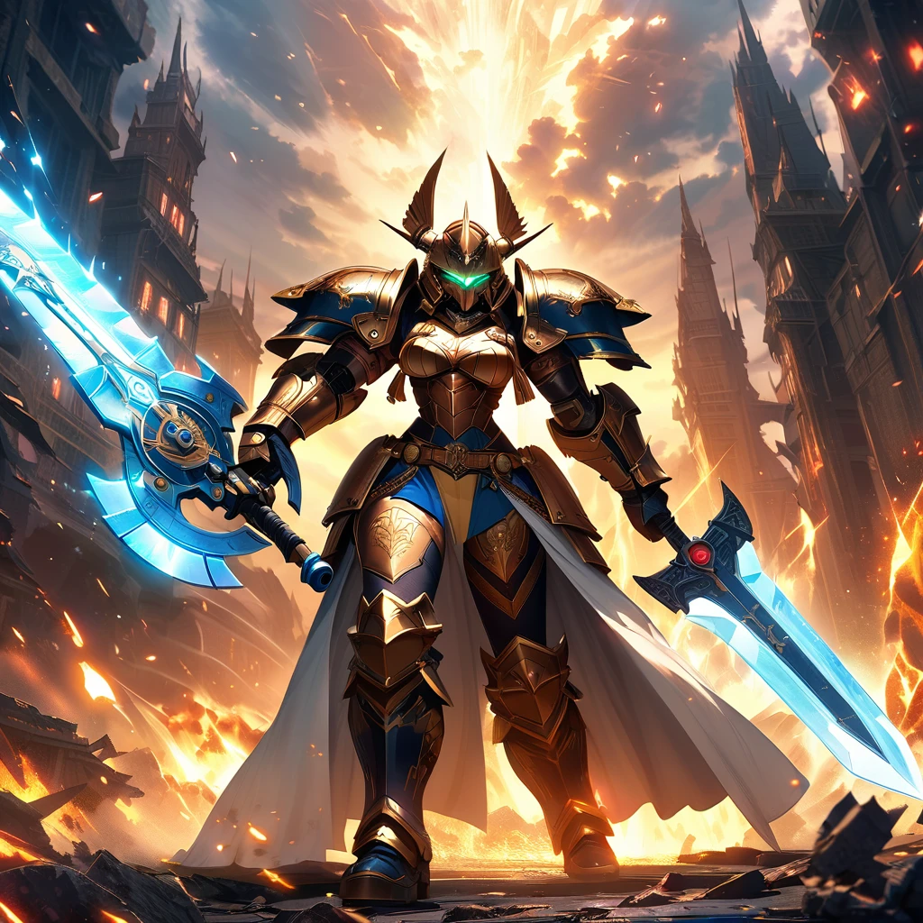 An Epic Fantasy Masterpiece in 8K Anime Digital Art Style, inspired by Warhammer 40k, presents a Battle Sister of the Fierce Anthro Goddess, wielding a Thundering Power Sword with an exquisite level of detail. Dressed in Elegant Space Marine Armor, meticulously engraved and glowing with a luminosity befitting a masterpiece, she stands tall and ready for combat amidst a Chaotic Battlefield. The imagery encapsulates the Essence of Intense Conflict, serving as a Visual Feast that demonstrates the height of artistry and quality in this genre. The High-Resolution Anime Digital Art style