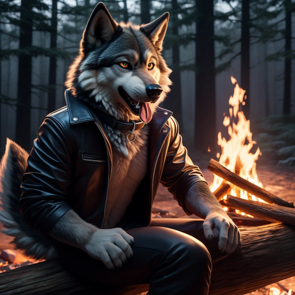 Sitting in front of campfire on log, Male, 30 years old, happy, mouth open with tongue hanging out, black leather jacket, anthro, wolf ears, (black fur:1.5), wolf, forest background, 8k, hi res, (best quality, masterpiece), (wolf tail:1.5), detailed fur, solo, looking at camera, night, leashing and collar,