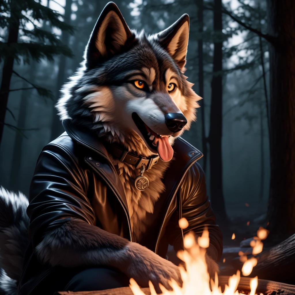 Sitting in front of campfire on log, Male, 30 years old, happy, mouth open with tongue hanging out, black leather jacket, anthro, wolf ears, (black fur:1.5), wolf, forest background, 8k, hi res, (best quality, masterpiece), (wolf tail:1.5), detailed fur, solo, looking at camera, night, leashing and collar,