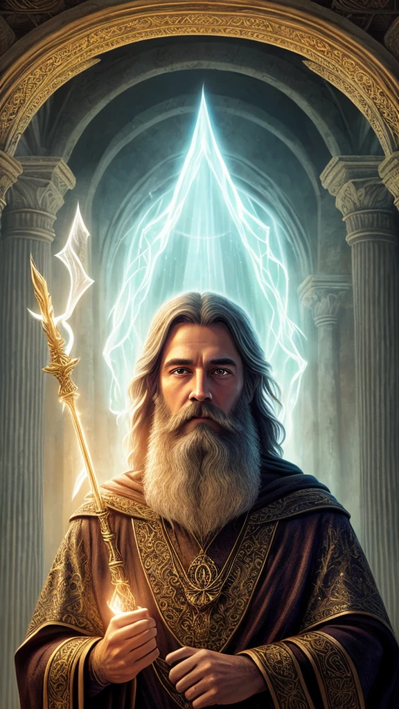 A wizard, detailed portrait, ornate robes, long beard, wise expression, magical staff, glowing aura, cinematic lighting, fantasy landscape, dramatic sky, ancient ruins, mystical energy, intricate details, painterly style, muted color palette, richly textured, award-winning digital art