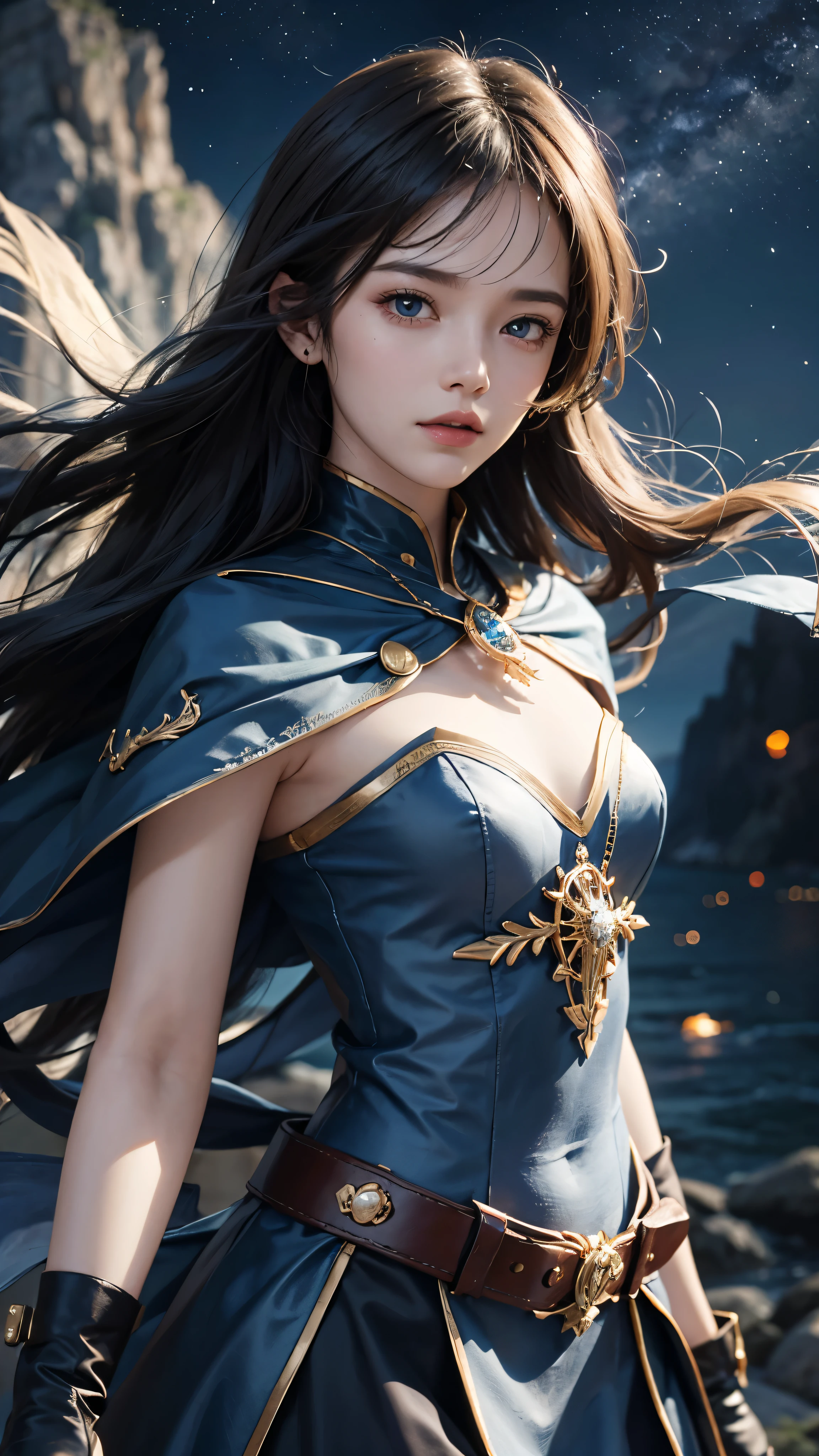with high definition images,Young beautiful woman、Boat solo、Heroic Cape、Lonely、Highest quality、4K、HDR、Sea of stars、romantic、small、Sharp Focus、Super detailed、landscape、idealism、Large sword、dusk、High contrast、Dreamy atmosphere、Realistic、Black Hair、Piercing blue eyes、Stoic expression、Device、far away、Bokeh、Dramatically illuminated、Enchanting。