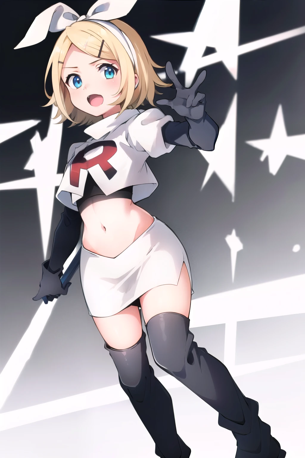 masterpiece, best quality, absurdres, perfect anatomy, 1girl, solo, Kagamine Rin, short hair, bow, team rocket,team rocket uniform,white skirt,red letter R,crop top,black thigh-highs,black elbow gloves